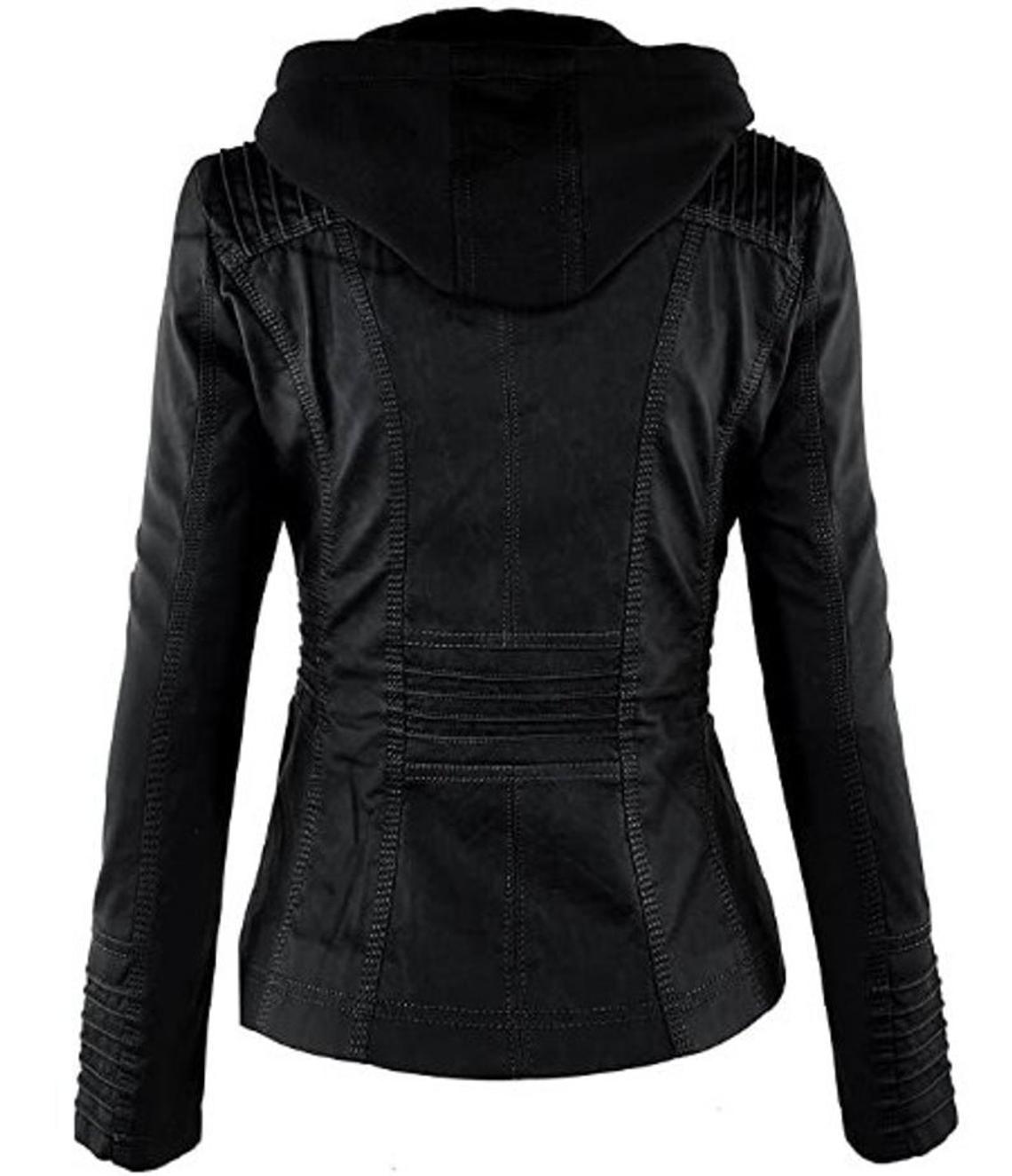 Women's Hooded Black Biker Motorcycle Real Leather Jacket Stylish Slim Fit Black Winter Jacket