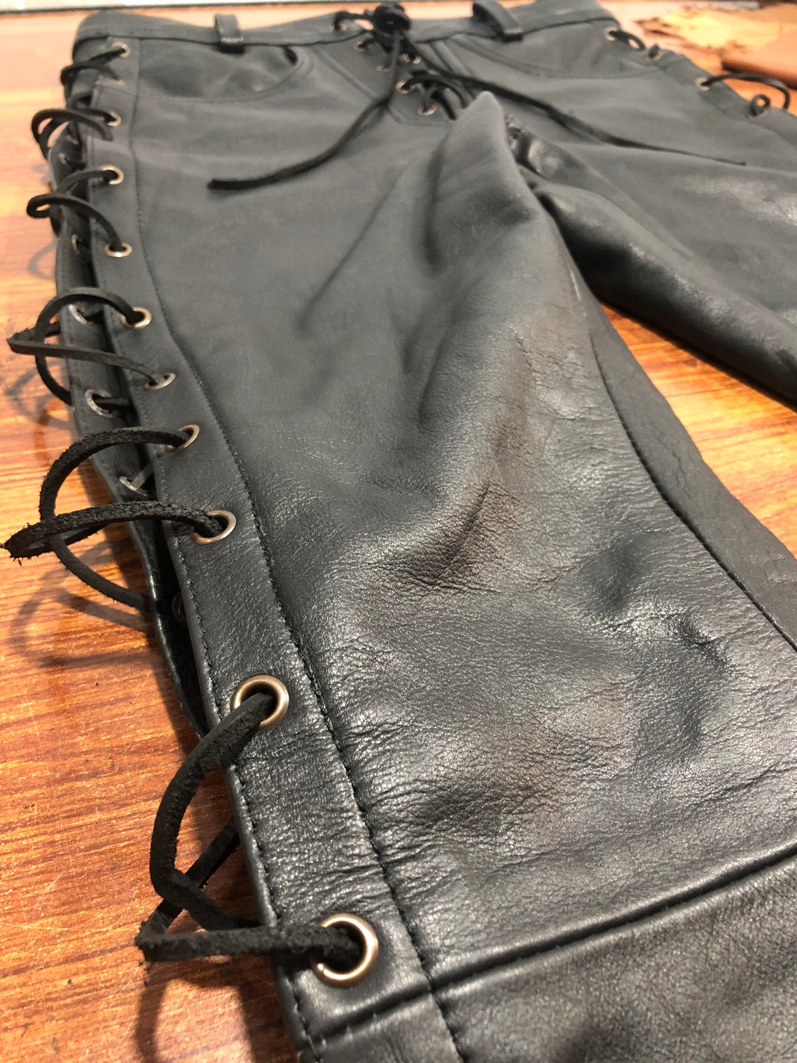 Mens Leather Side Laces Pants Genuine Cowhide Plain Skin Leather pants ...