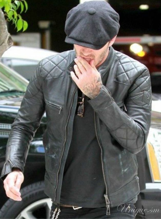 Mens Black David Beckham Real Leather Jacket Biker Vintage Slim Fit Sheep leather