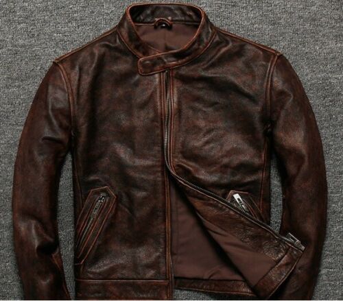 Men's Biker Vintage Brown Café Racer Distressed Genuine Leather Jacket